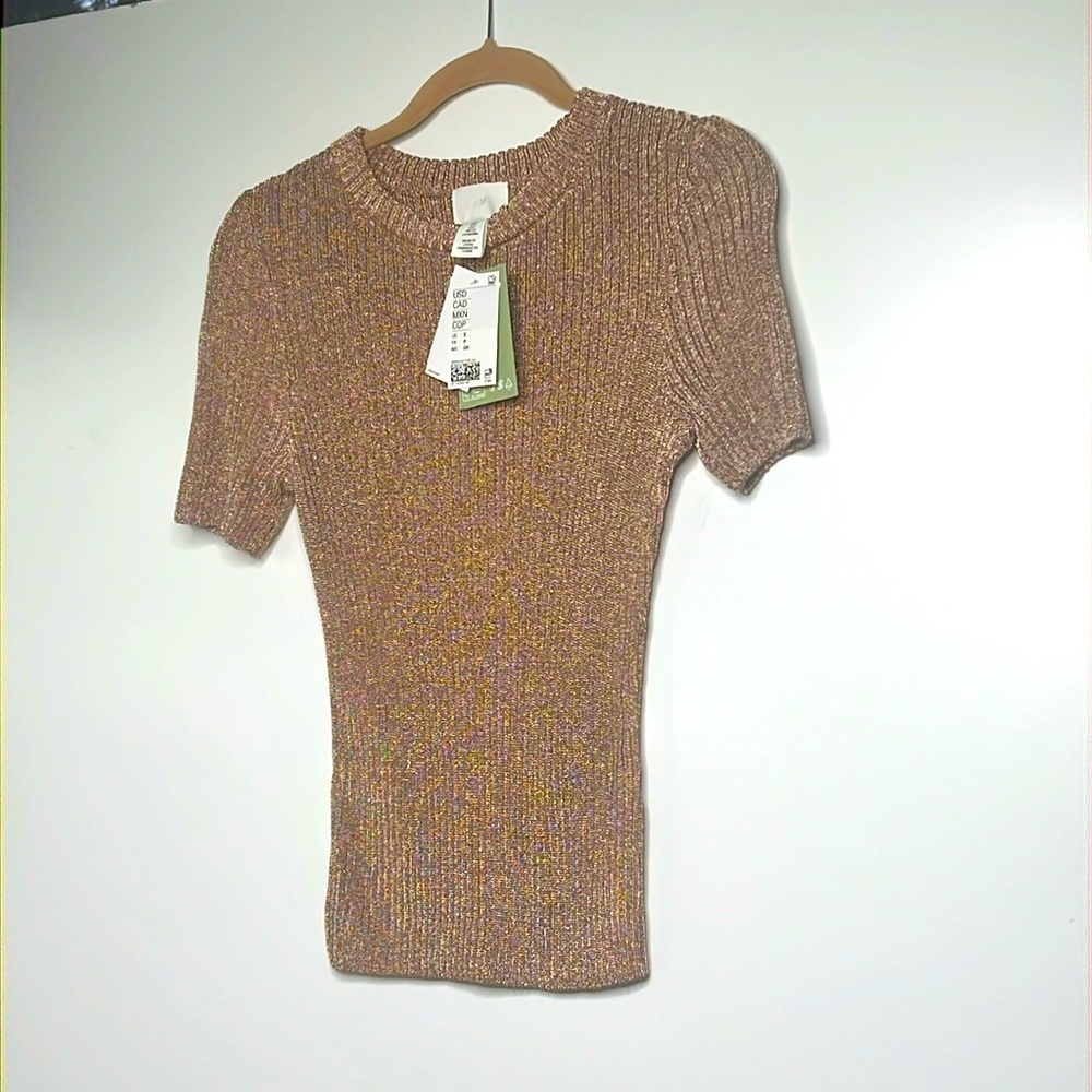 H&M Sz S Bronze Rose Gold Metallic Rib Knit Short Sleeve Sweater - New with Tags